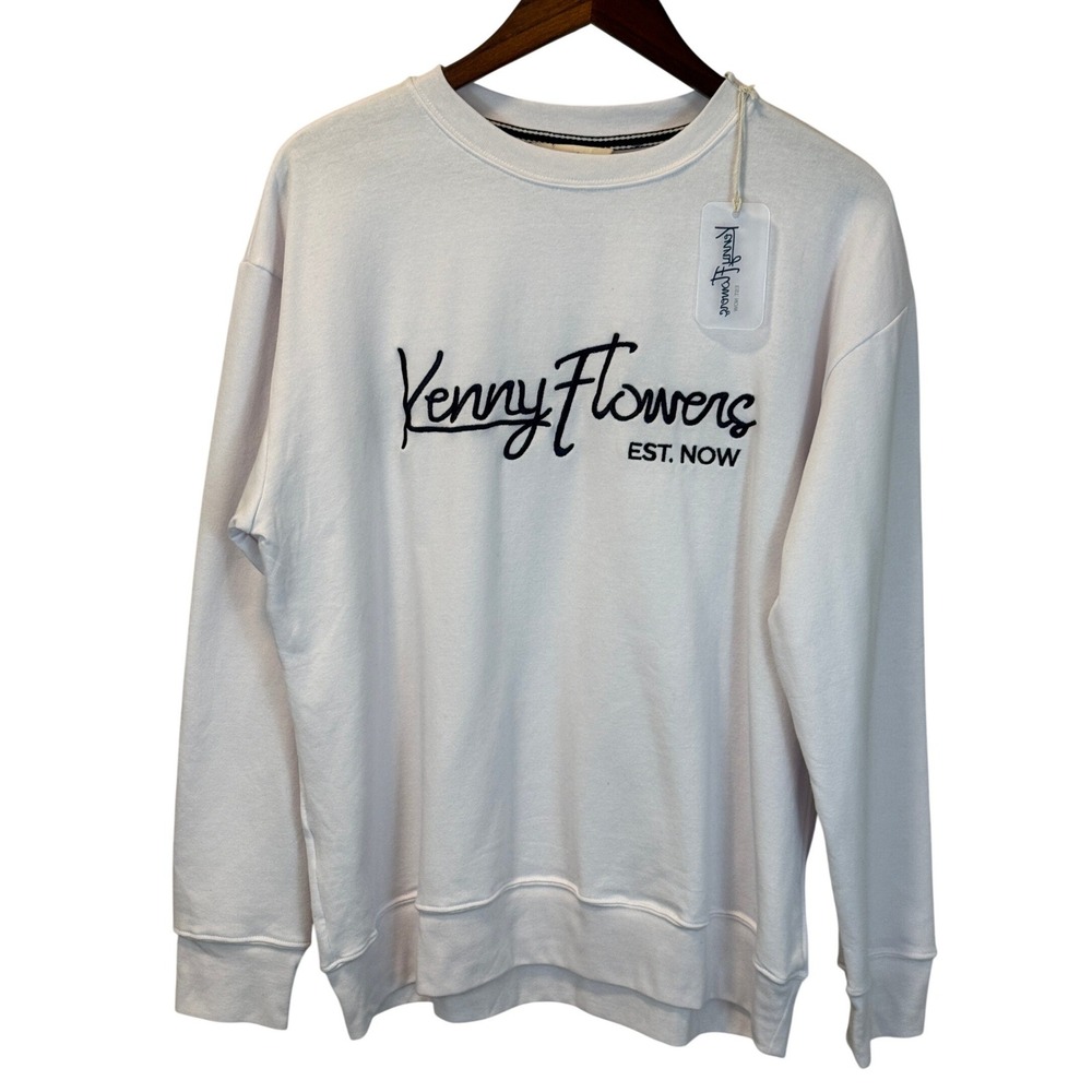 NWT Kenny Flowers‎ White Crewneck Sweatshirt Embroidered Long Sleeve size Large
